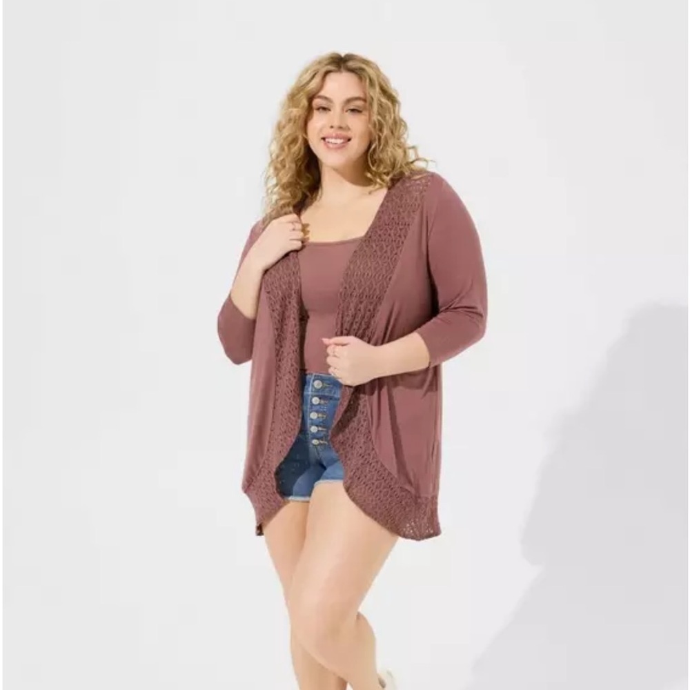 Torrid Plus Size Super Soft Longline Crocheted Lace Trim Cardigan Duster Mauve